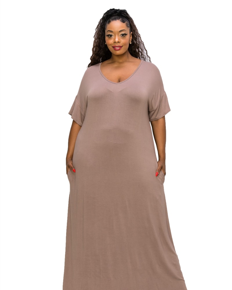 Front of a model wearing a size 4X Scarlett Maxi Dress in Dk Taupe by L I V D. | dia_product_style_image_id:272269